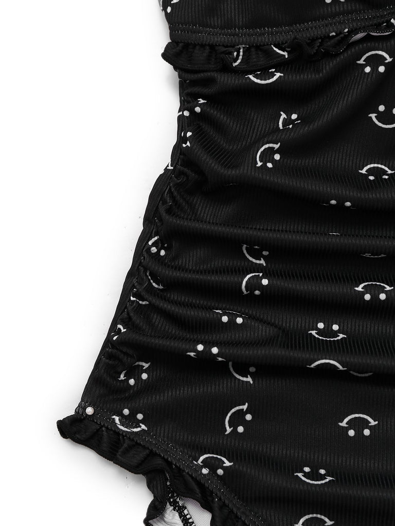 Black 1930s Smile Print Ruffles Spaghetti Straps One-Piece Swimsuit - vintage swimsuit, pin-up style, classic black