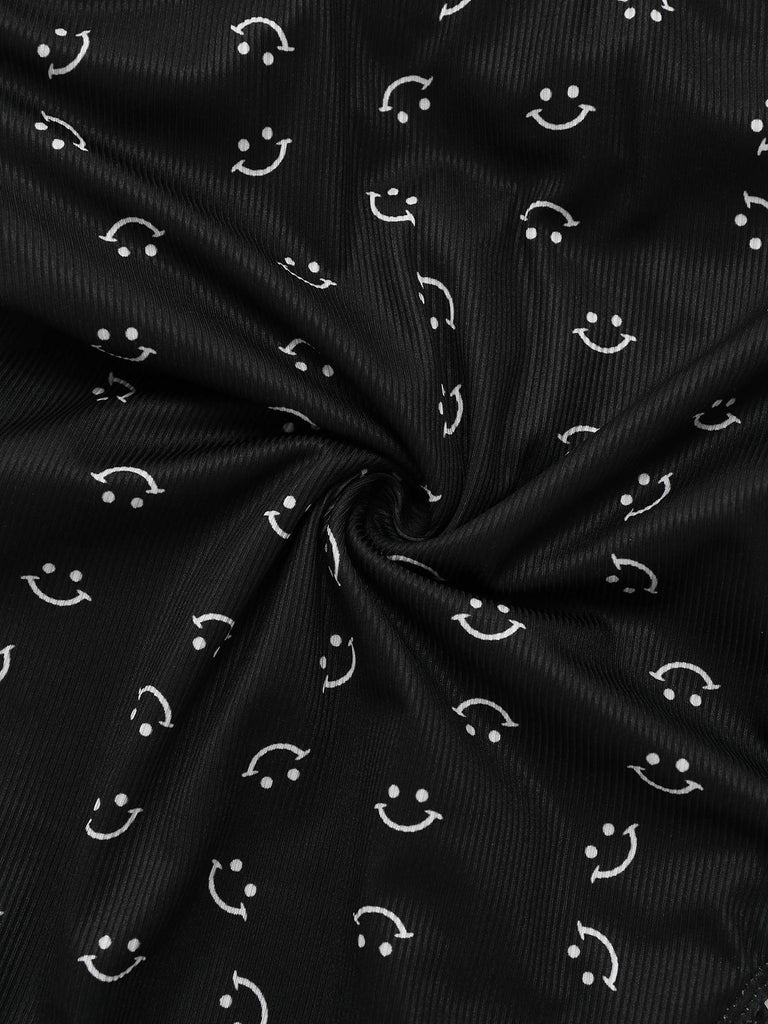Black 1930s Smile Print Ruffles Spaghetti Straps One-Piece Swimsuit - vintage swimsuit, pin-up style, classic black