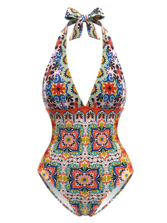 Multicolor 1930s Mediterranean Print Halter One-Piece Swimsuit - vintage swimsuit, pin-up style