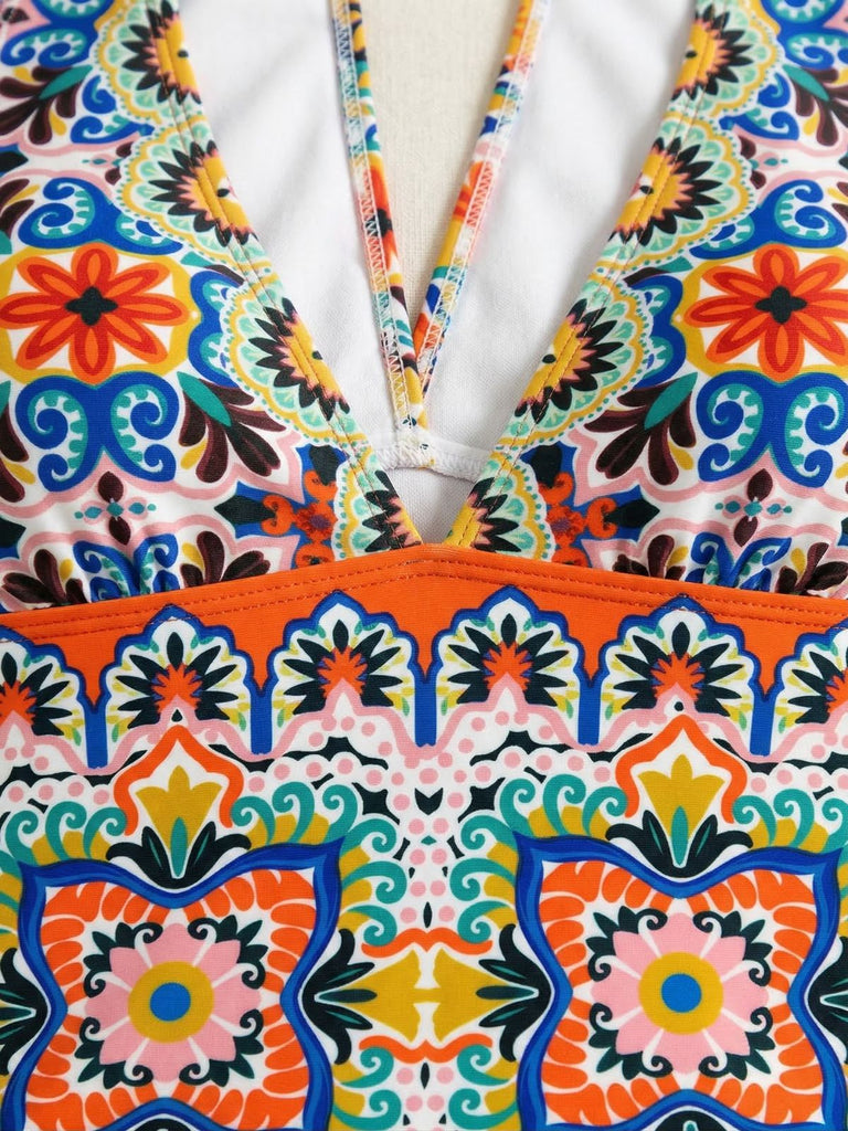 Multicolor 1930s Mediterranean Print Halter One-Piece Swimsuit - vintage swimsuit, pin-up style