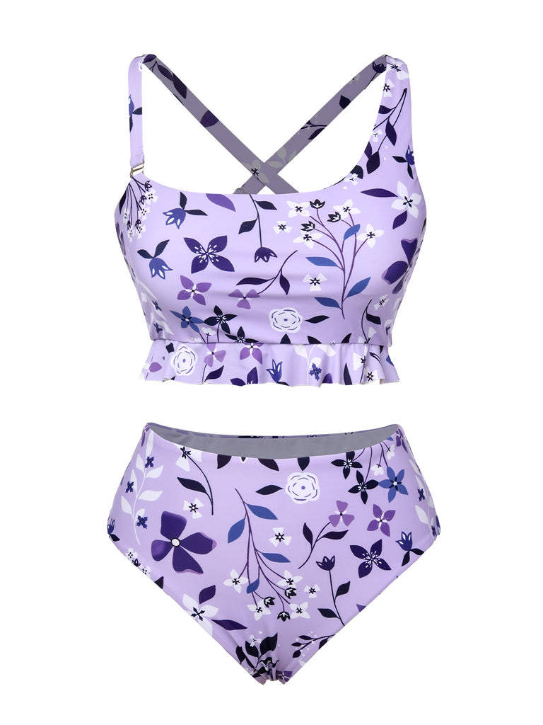 Purple 1930s Floral Irregular Shoulder Straps Swimsuit - vintage swimsuit, pin-up style
