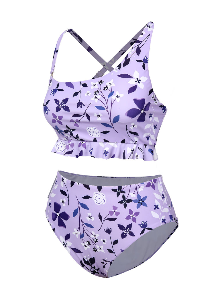 Purple 1930s Floral Irregular Shoulder Straps Swimsuit - vintage swimsuit, pin-up style