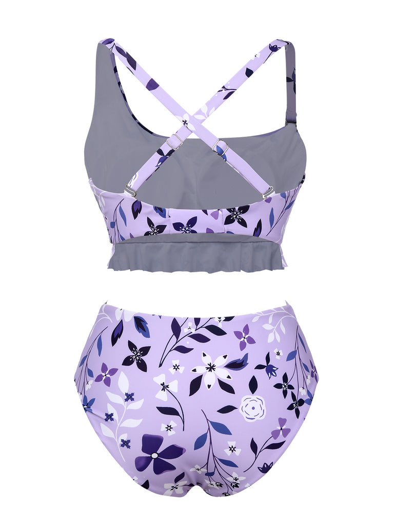 Purple 1930s Floral Irregular Shoulder Straps Swimsuit - vintage swimsuit, pin-up style