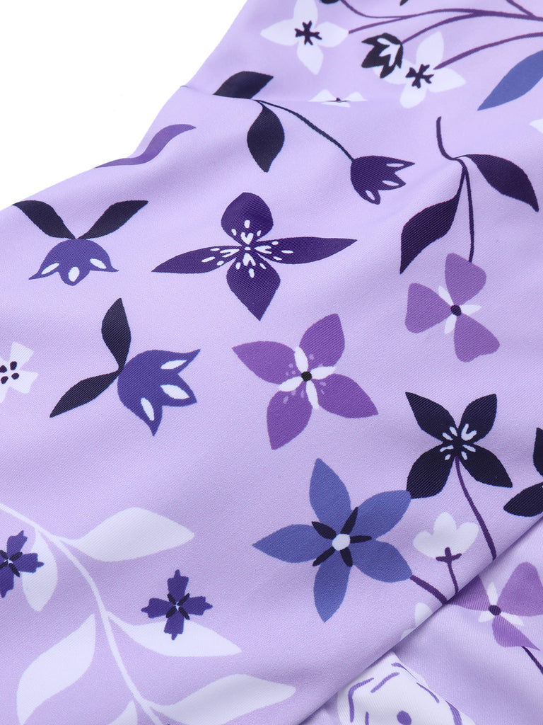 Purple 1930s Floral Irregular Shoulder Straps Swimsuit - vintage swimsuit, pin-up style