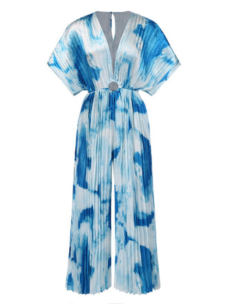 1930s Tie-Dye V-Neck Pleated Ring Jumpsuit - vintage jumpsuit, retro fashion
