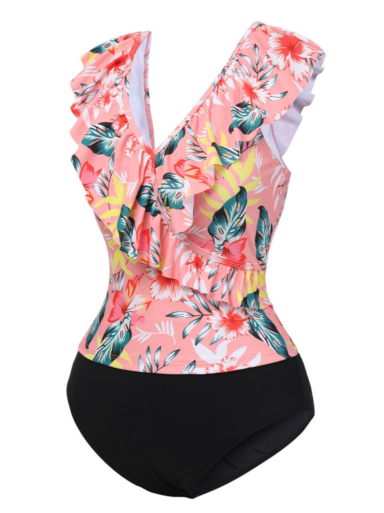 1930s Tropical Plants Ruffled V-Neck Tankini Set - vintage fashion, retro style