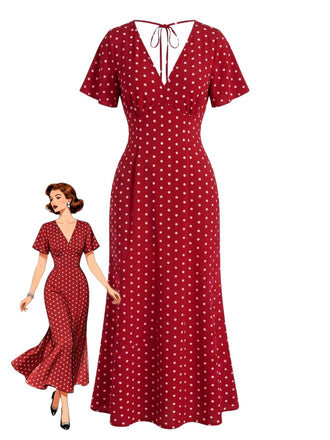 1930s V-Neck Polka Dot Flutter Sleeve Maxi Mermaid Dress, vintage dress, retro fashion - vintage inspired fashion