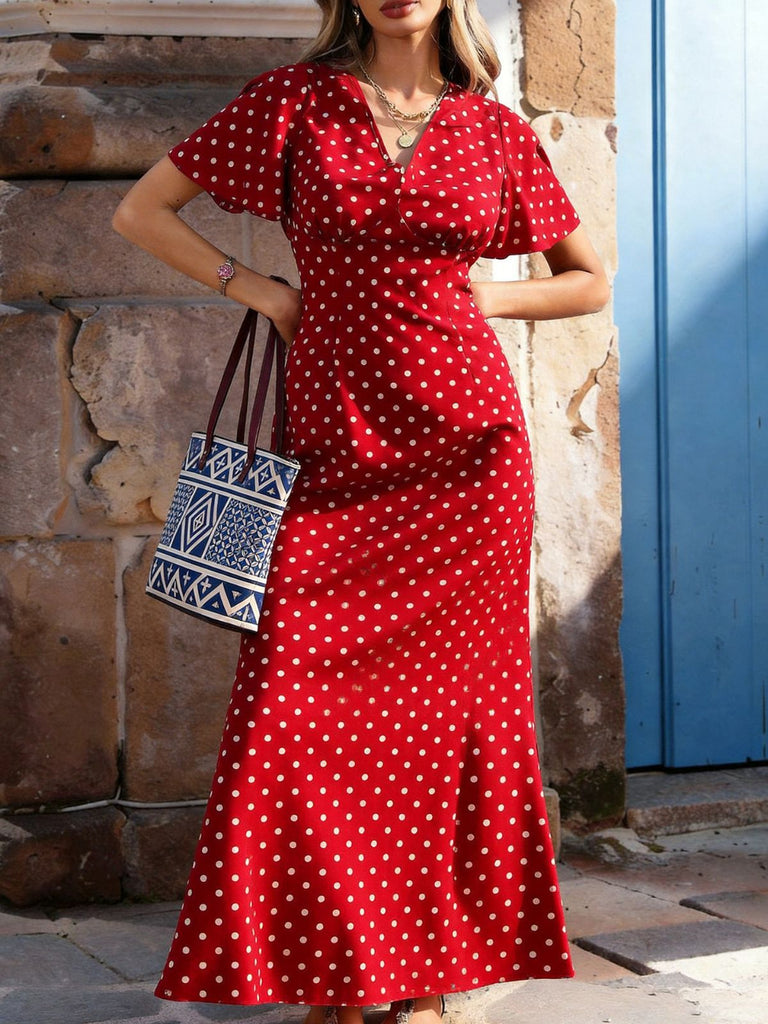 1930s V-Neck Polka Dot Flutter Sleeve Maxi Mermaid Dress, vintage dress, retro fashion - vintage inspired fashion