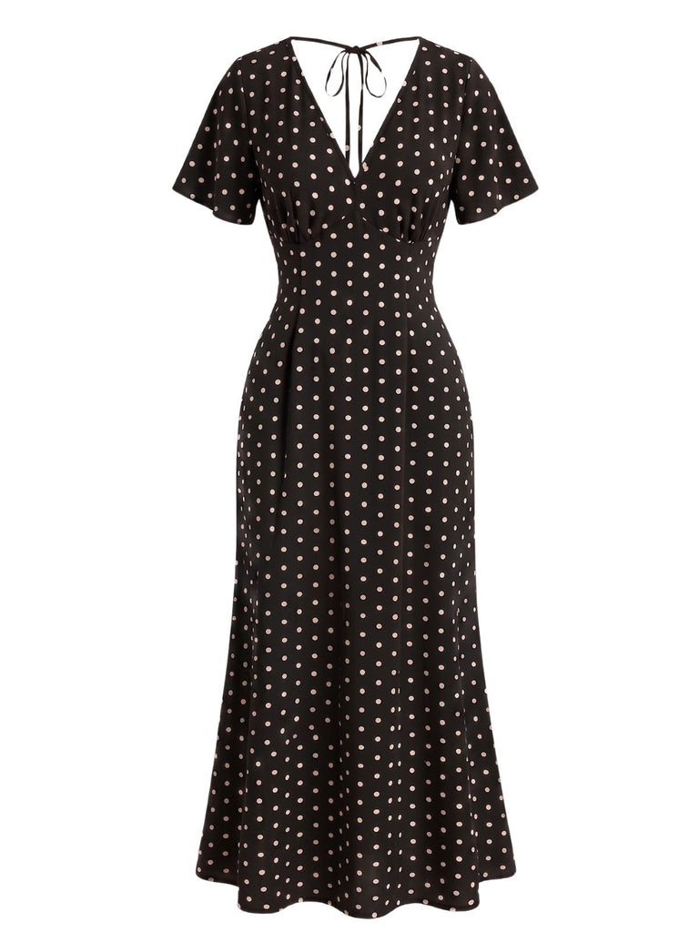 1930s V-Neck Polka Dot Flutter Sleeve Maxi Mermaid Dress, vintage dress, retro fashion - vintage inspired fashion
