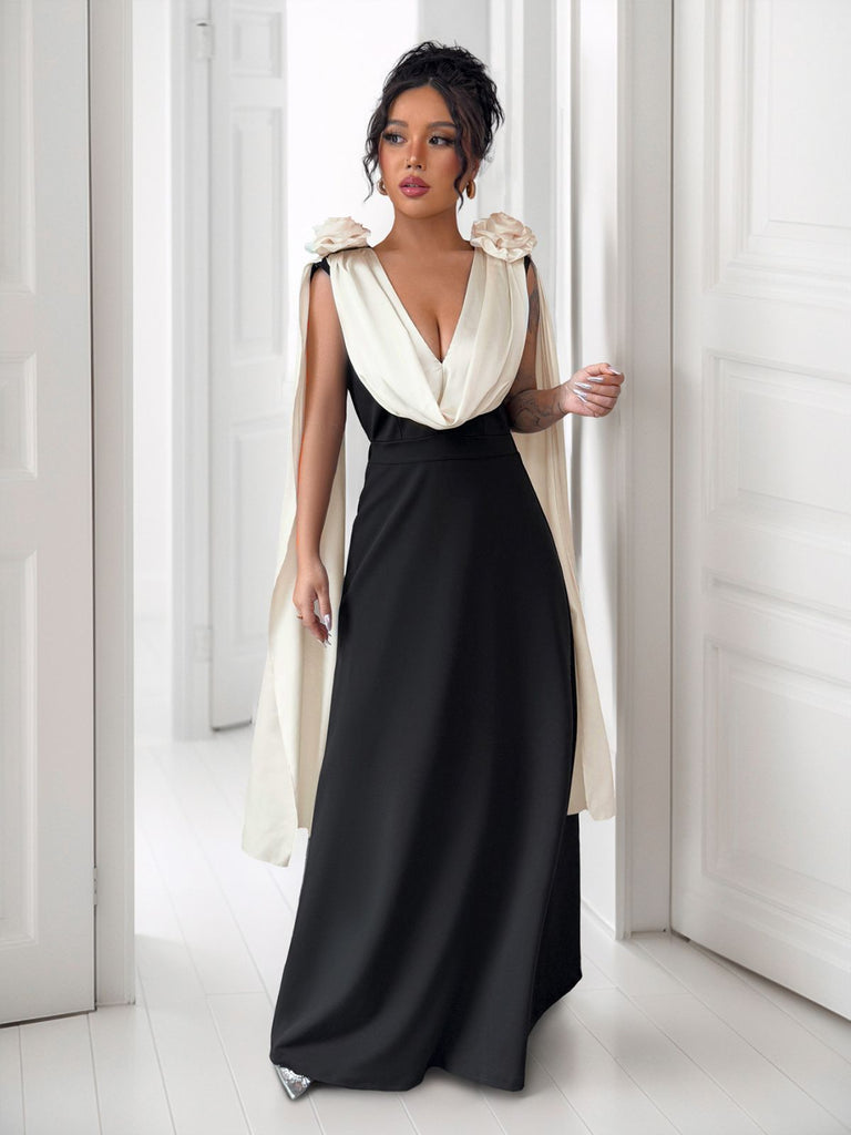 1930s V-Neck Colorblock 3D Roses Cape Dress - vintage dress, retro fashion