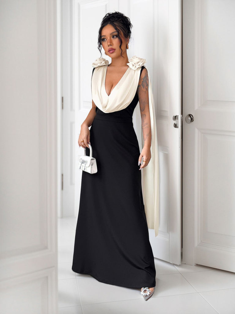 1930s V-Neck Colorblock 3D Roses Cape Dress - vintage dress, retro fashion