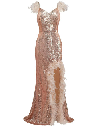 1930s V-Neck Feather Strap High Slit Sequined Dress - vintage dress, retro fashion