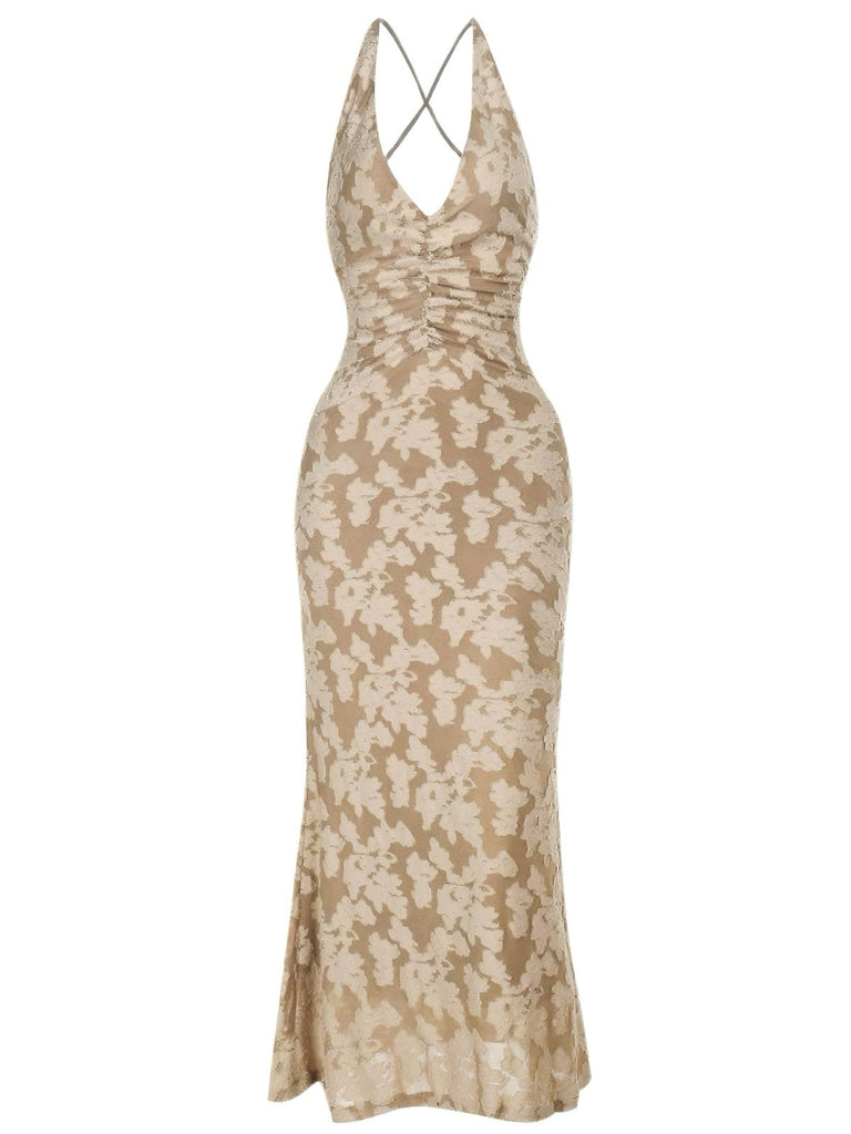 1930s V-Neck Jacquard Floral Backless Dress - vintage dress, retro fashion
