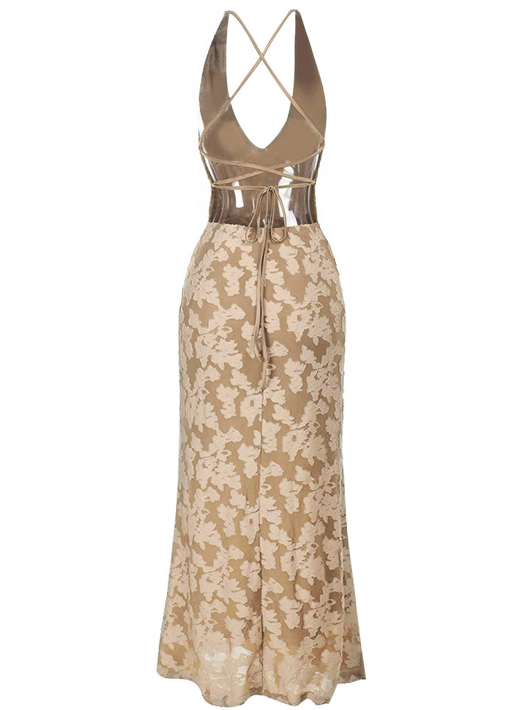 1930s V-Neck Jacquard Floral Backless Dress - vintage dress, retro fashion
