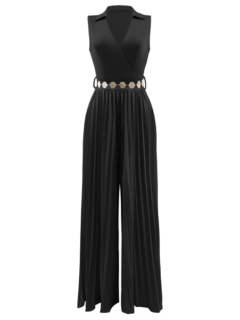 She finds her 1930s story in this 1930s V-Neck Lapel Pleated Wide-Leg Jumpsuit
