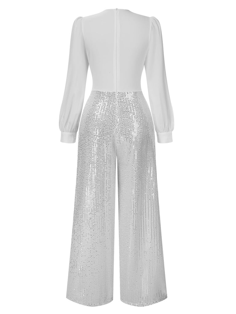 This 1930s V-Neck Puff Sleeve Sequins Wide-Leg Jumpsuit whispers 1930s secrets to those who notice