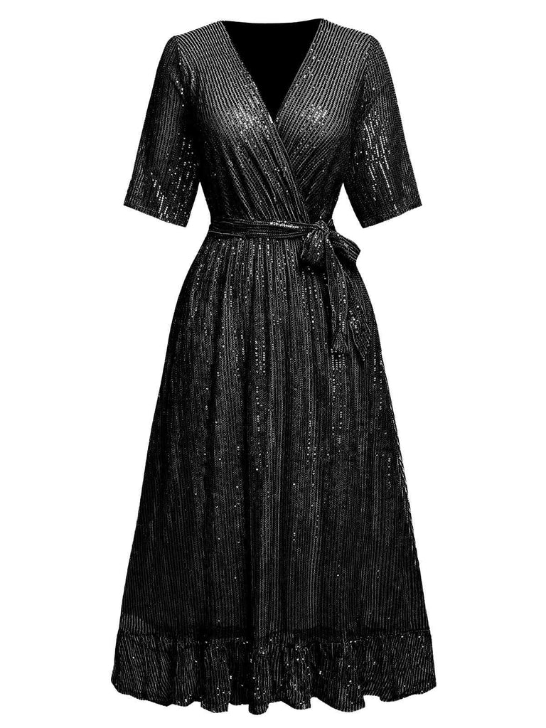 1930s V-Neck Sequined Ruffled Hem Dress - vintage dress, retro fashion