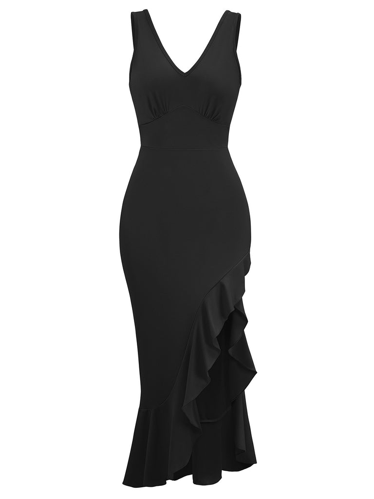 This 1930s V-Neck Sleeveless Ruffled Fishtail Dress wraps her in 1930s elegance, one twirl at a time