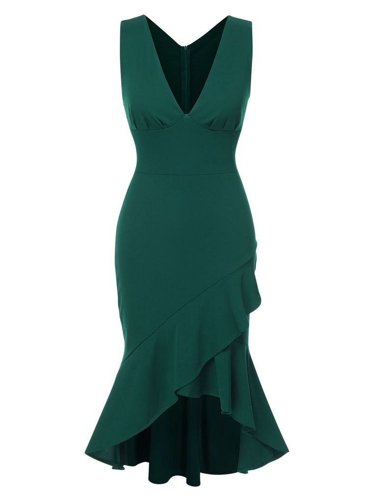 1930s V-Neck Solid Fishtail Bodycon Dress, vintage dress, retro fashion - perfect for women who love vintage and retro fashion