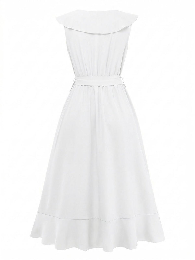 1930s V-Neck Solid Ruffled Hem Tie-Up Dress - vintage dress, retro fashion, elegant style for vintage lovers