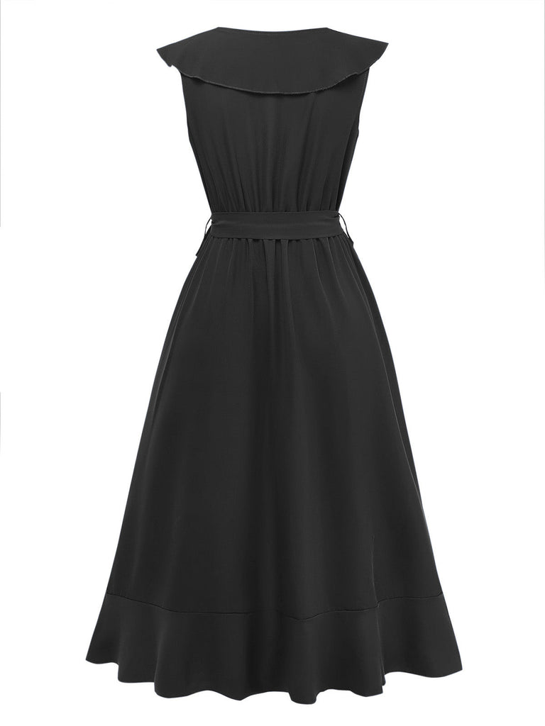 1930s V-Neck Solid Ruffled Hem Tie-Up Dress | vintage dress, retro fashion, elegant style - perfect for retro fashion enthusiasts
