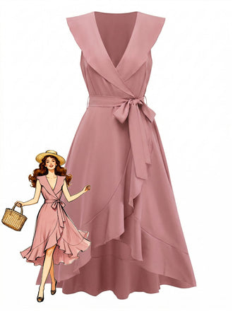 1930s V-Neck Solid Ruffled Hem Tie-Up Dress - vintage dress, retro fashion, elegant style for vintage lovers