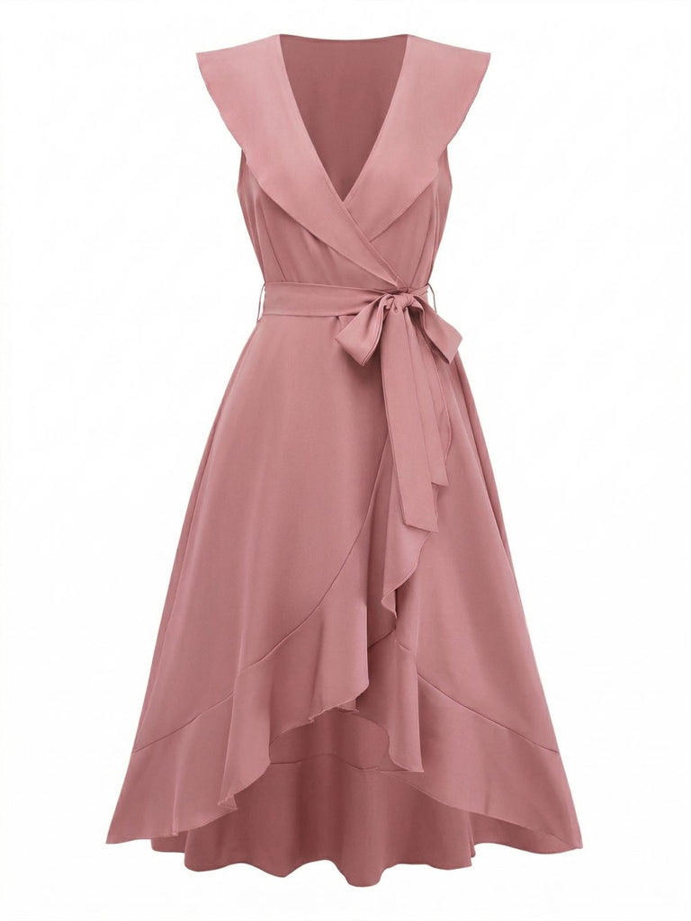 1930s V-Neck Solid Ruffled Hem Tie-Up Dress: beautiful vintage dress, retro fashion, elegant style with timeless appeal