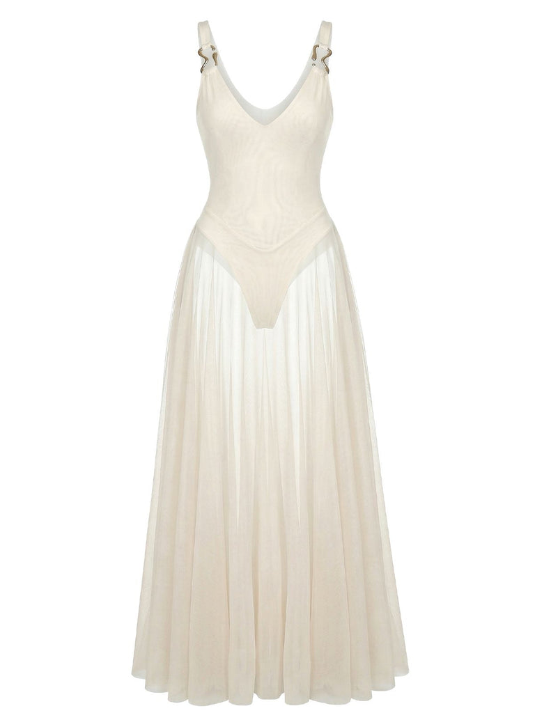 1930s V-Neck Strappy Mesh Flowing Maxi Dress - vintage dress, retro fashion