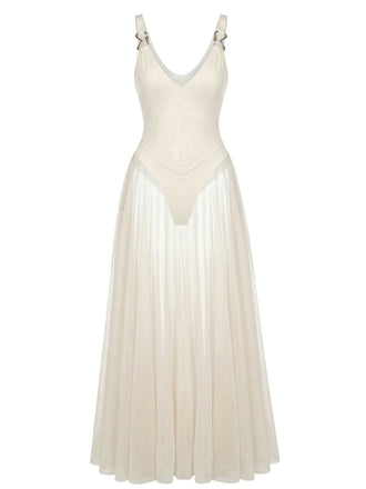 1930s V-Neck Strappy Mesh Flowing Maxi Dress - vintage dress, retro fashion
