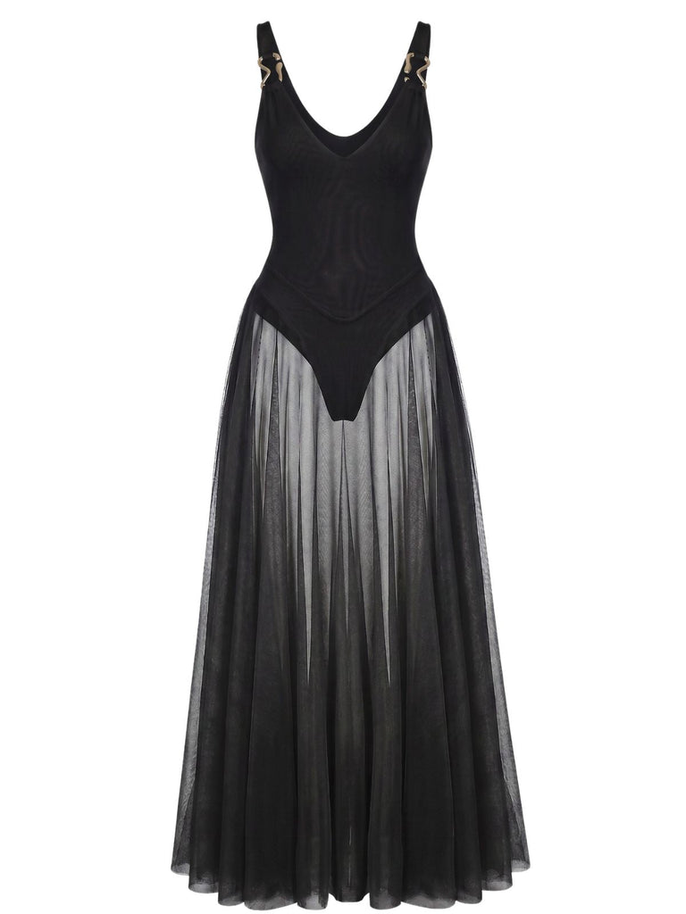 1930s V-Neck Strappy Mesh Flowing Maxi Dress - vintage dress, retro fashion