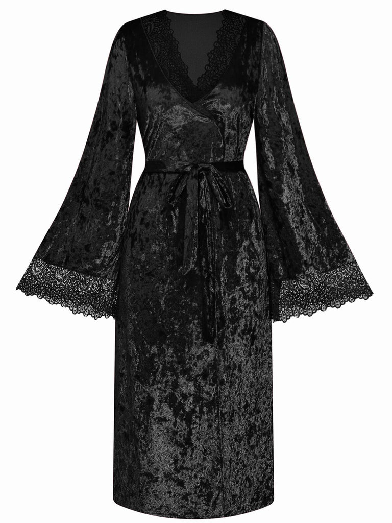 1930s Velvet Lace Long Sleeve Patchwork Pajama Robe - vintage fashion, retro style