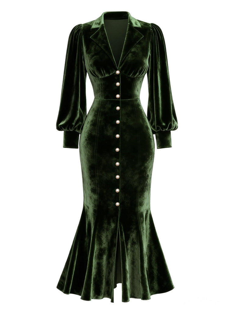 1930s Velvet Pearl Lantern Sleeve Mermaid Dress - vintage dress, retro fashion