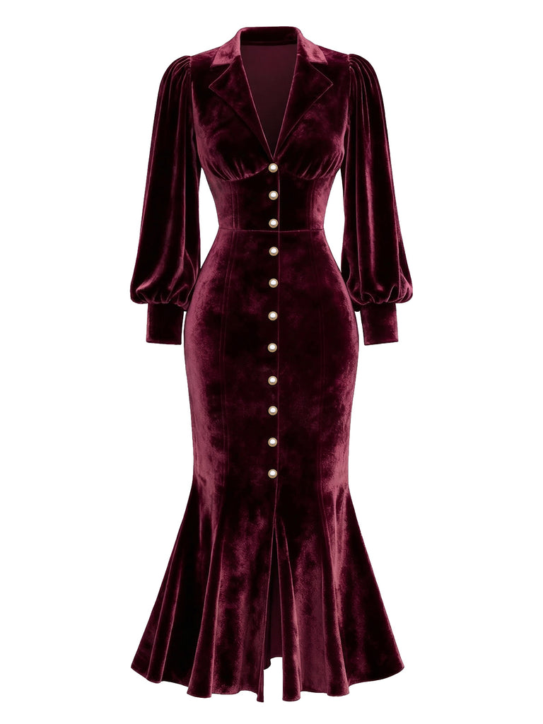 1930s Velvet Pearl Lantern Sleeve Mermaid Dress - vintage dress, retro fashion
