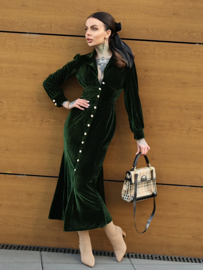 1930s Velvet Pearl Lantern Sleeve Mermaid Dress - vintage dress, retro fashion