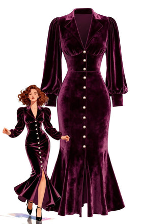 1930s Velvet Pearl Lantern Sleeve Mermaid Dress - vintage dress, retro fashion