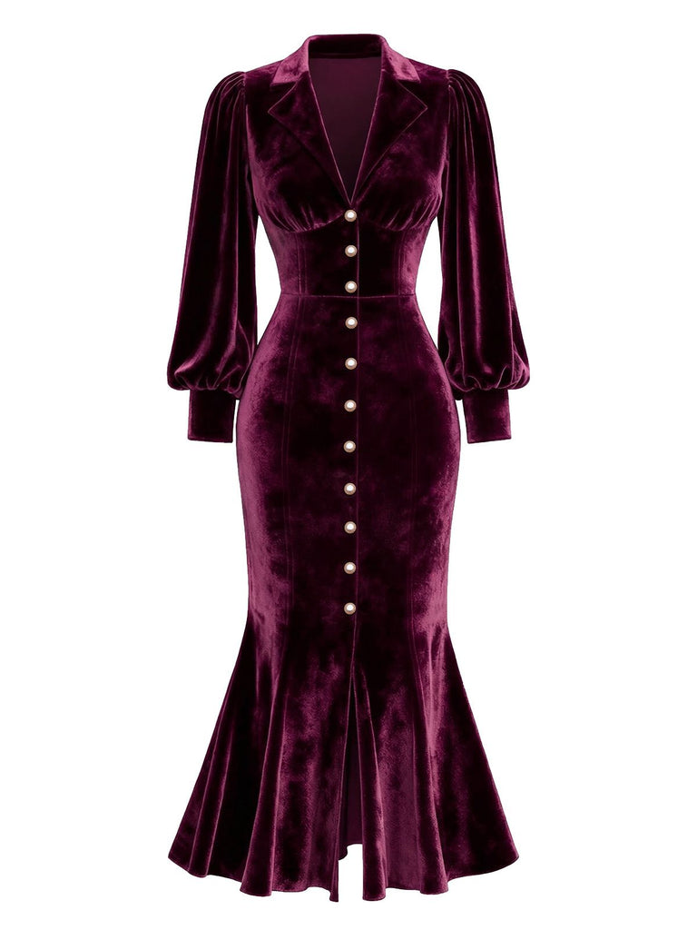1930s Velvet Pearl Lantern Sleeve Mermaid Dress - vintage dress, retro fashion