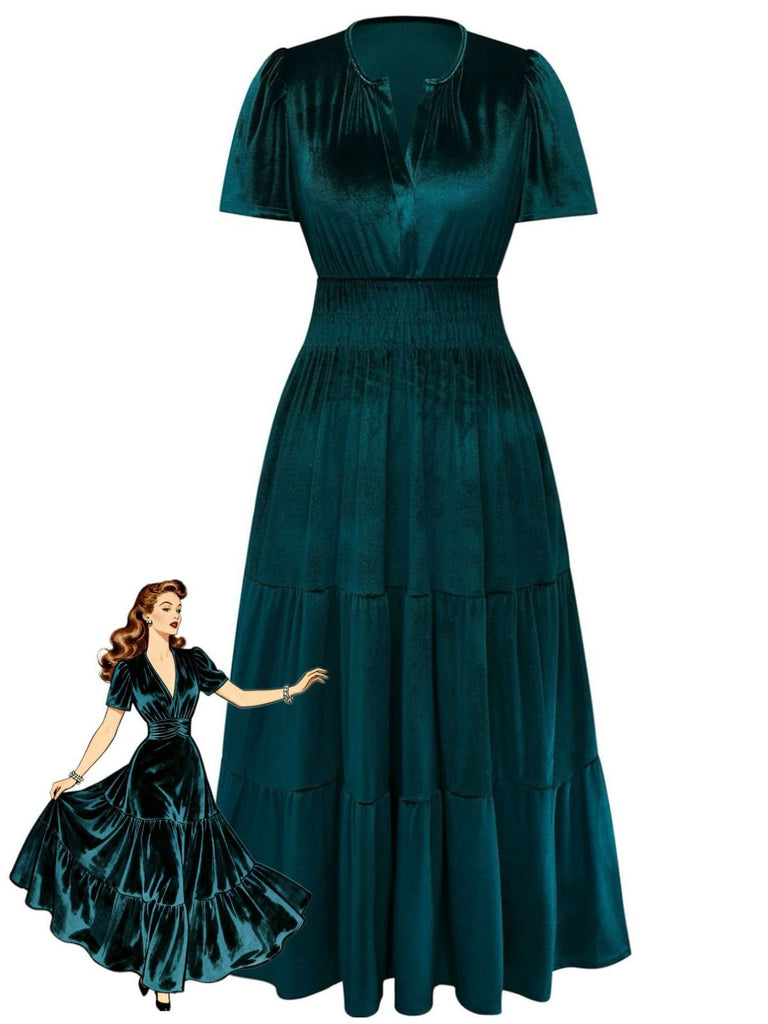 1930s Velvet Solid Short Sleeve Maxi Dress - vintage dress, retro fashion