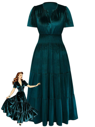 1930s Velvet Solid Short Sleeve Maxi Dress - vintage dress, retro fashion