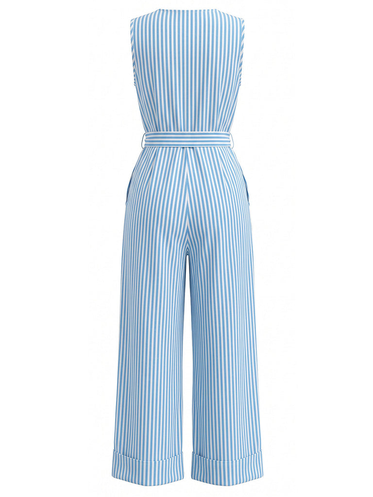 Blue 1930s Vertical Stripe V-Neck Sleeveless Belted Jumpsuit, vintage romper, retro jumpsuit - perfect for women who love vintage and retro fashion