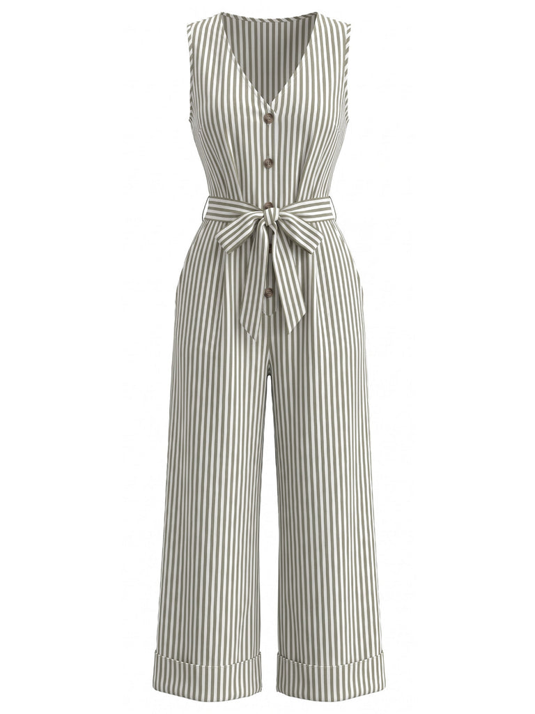 Blue 1930s Vertical Stripe V-Neck Sleeveless Belted Jumpsuit, vintage romper, retro jumpsuit - perfect for women who love vintage and retro fashion
