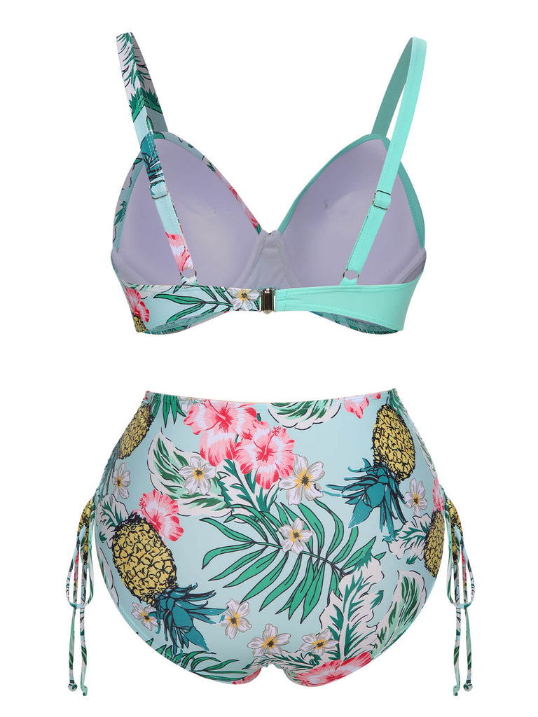 [Plus Size] 1940S Tropical Plant Patchwork Lace-Up Swimsuit, vintage swimsuit, pin-up swimwear - perfect for women who love vintage and retro fashion