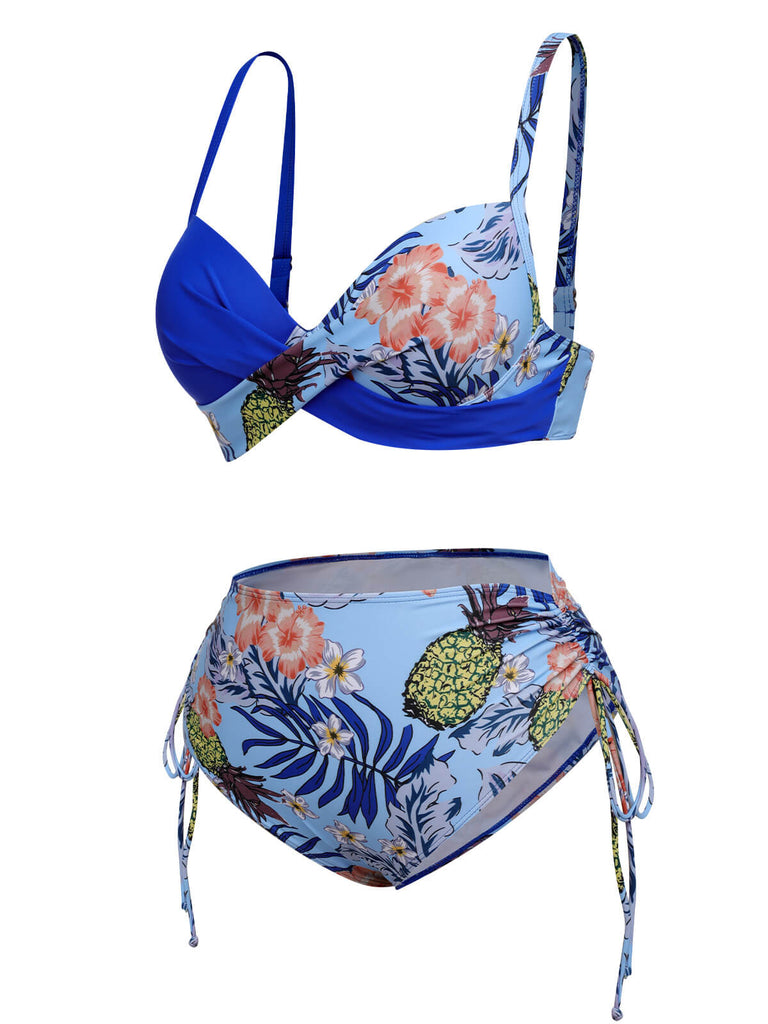 [Plus Size] 1940S Tropical Plant Patchwork Lace-Up Swimsuit, vintage swimsuit, pin-up swimwear - perfect for women who love vintage and retro fashion