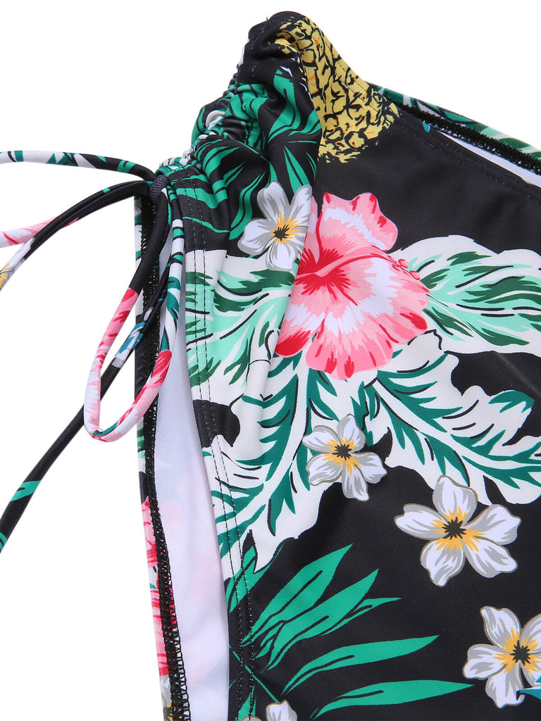 [Plus Size] 1940S Tropical Plant Patchwork Lace-Up Swimsuit, vintage swimsuit, pin-up swimwear - perfect for women who love vintage and retro fashion