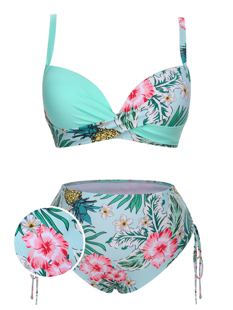 [Plus Size] 1940S Tropical Plant Patchwork Lace-Up Swimsuit, vintage swimsuit, pin-up swimwear - perfect for women who love vintage and retro fashion