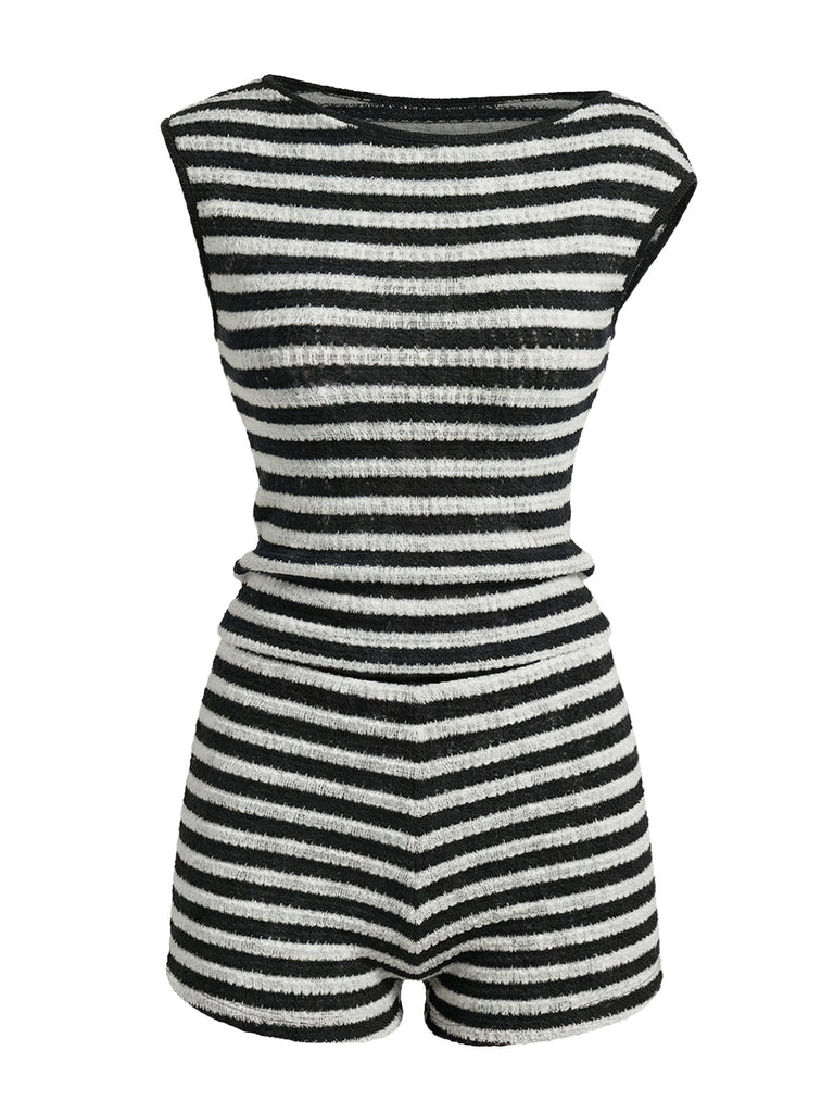 2PCS Black 1940s Striped Sleeveless Top & Hight Waist Shorts - vintage fashion, retro style, classic black