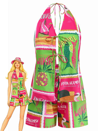 2PCS 1940s Floral Pineapple Spaghetti Strap Cardigan & Shorts - vintage fashion, retro style