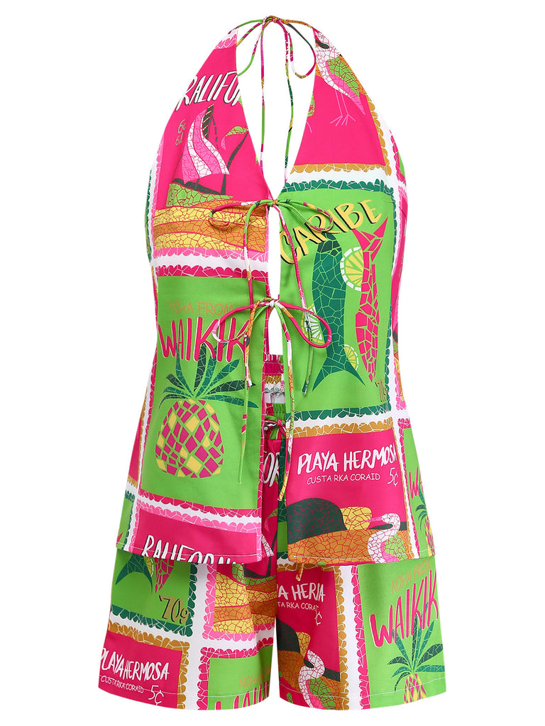 2PCS 1940s Floral Pineapple Spaghetti Strap Cardigan & Shorts - vintage fashion, retro style
