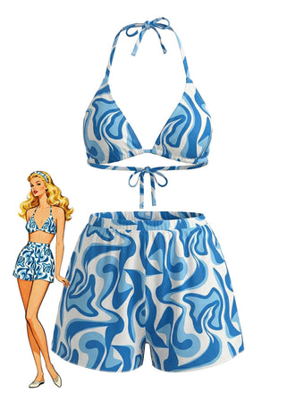 1940s Abstract Printed Halter Bikini Set & Cover-Up - vintage swimsuit, pin-up swimwear for vintage lovers