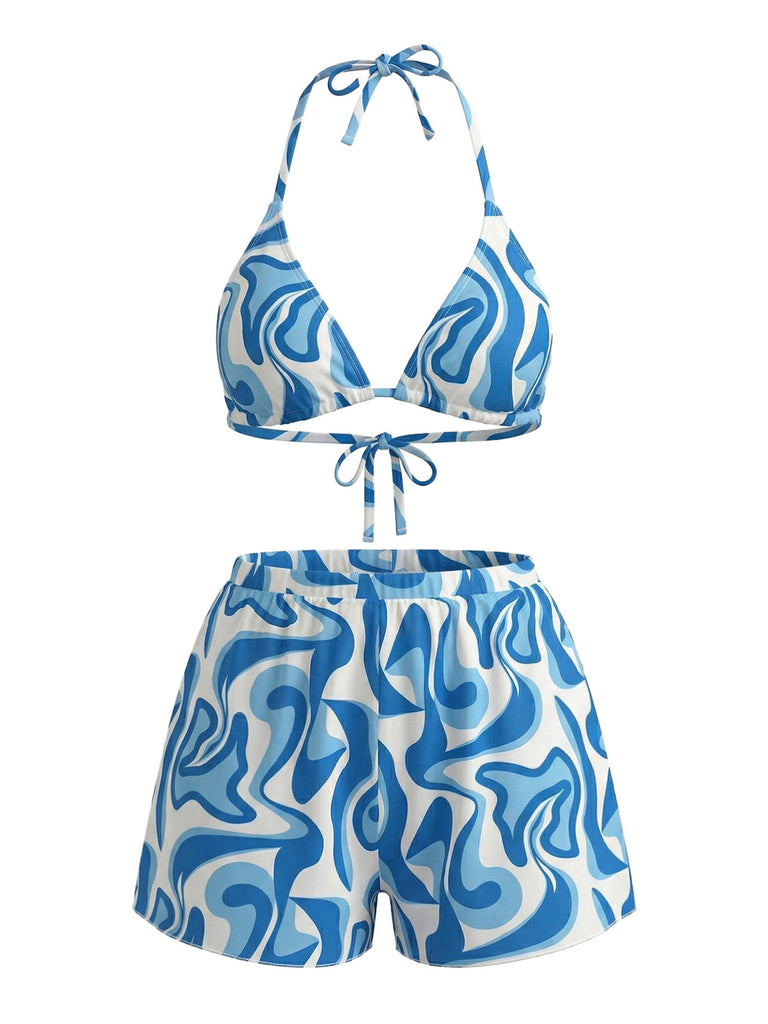 1940s Abstract Printed Halter Bikini Set & Cover-Up - vintage swimsuit, pin-up swimwear for vintage lovers