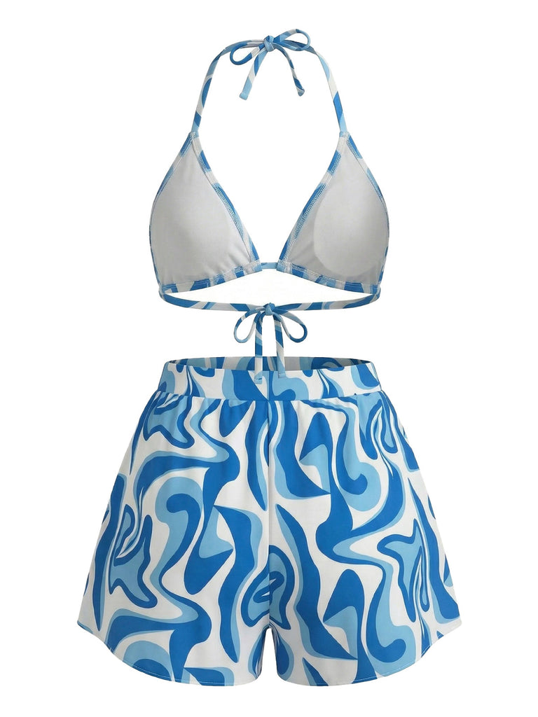 1940s Abstract Printed Halter Bikini Set & Cover-Up - vintage swimsuit, pin-up swimwear for vintage lovers